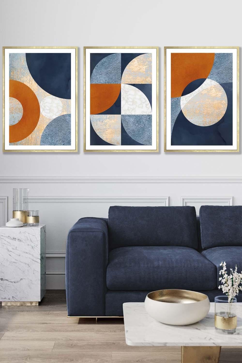 Geometric Abstract Textured Circles in Navy Blue Orange Gold Framed Wall Art - Large